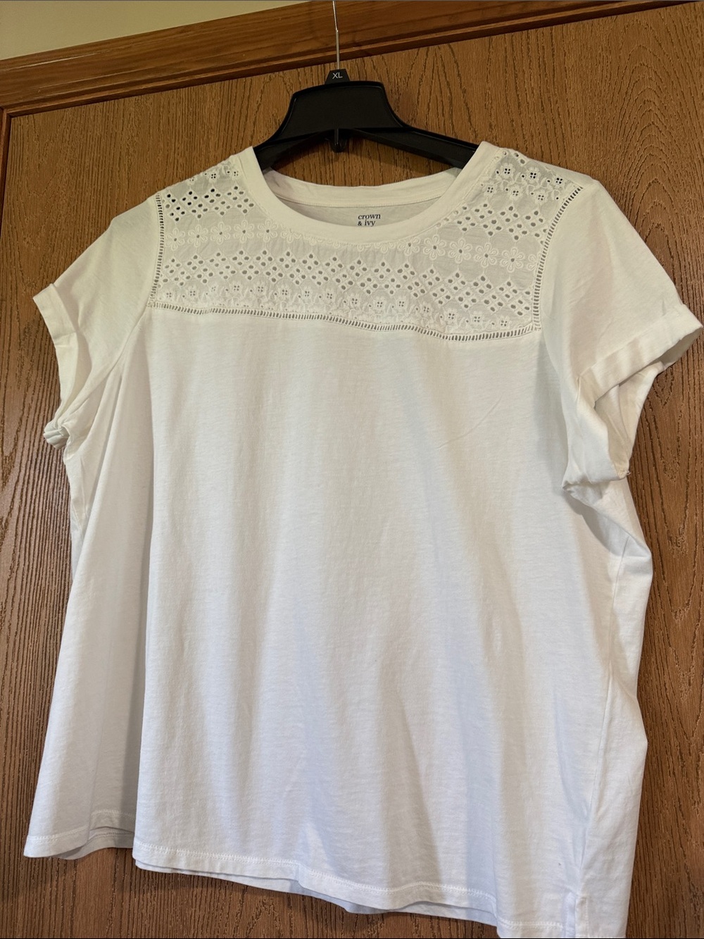 crown & ivy White Eyelet Yoke Short Sleeve Tee- NWT